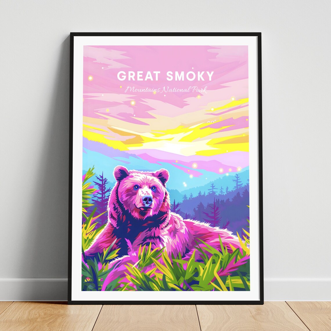 Great Smoky Mountains Bear in Pink Sunrise Meadow Travel Poster