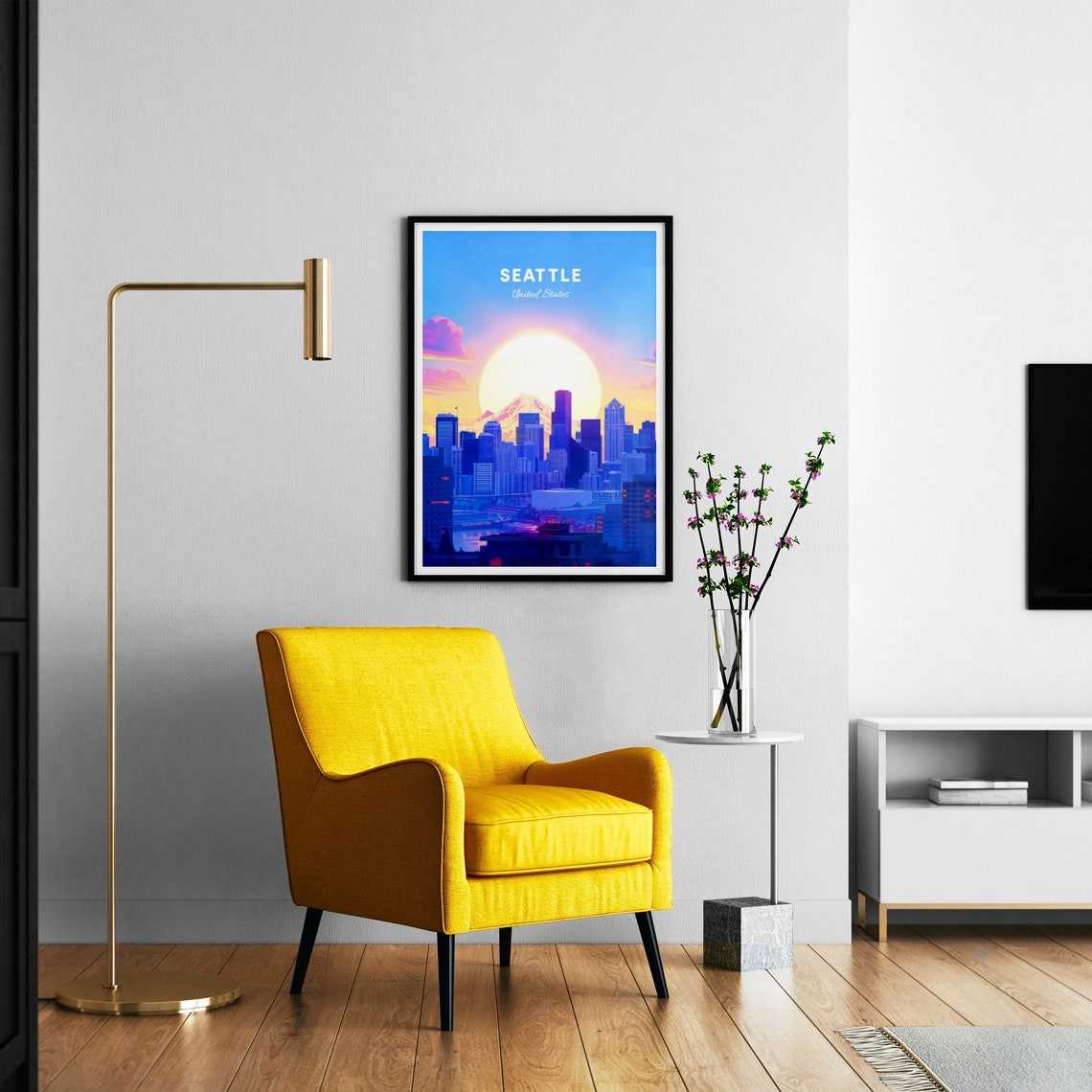 Seattle Skyline Sunrise Giant Sun Mount Rainier Vintage Travel Poster - Image 3