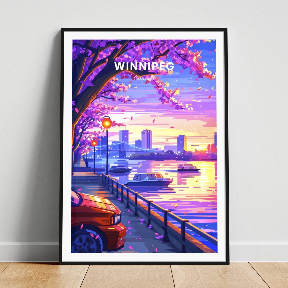 Winnipeg Canada Sunset Waterfront Cherry Blossom Boats Travel Poster