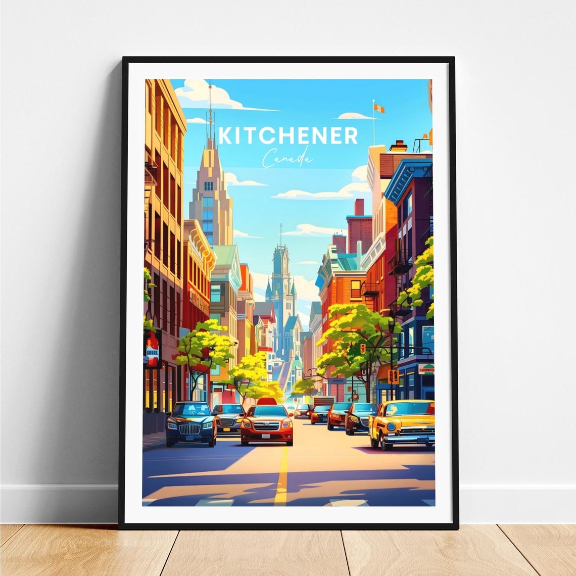 Kitchener Canada Busy Downtown Street Tall Buildings Scene Poster