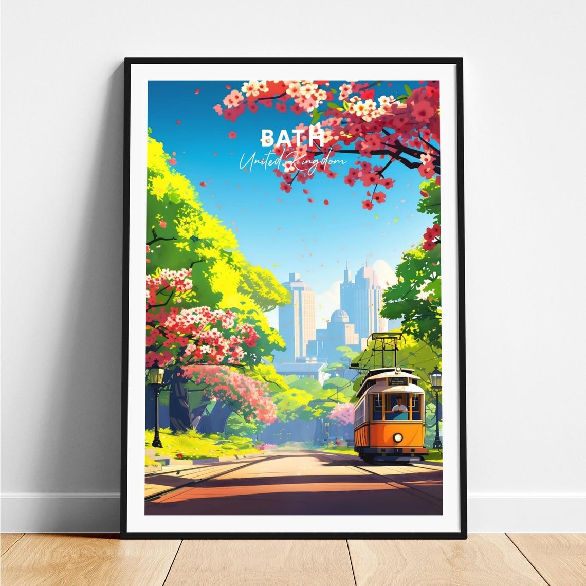 Bath England Historic Tram Street Cherry Blossom Travel Poster