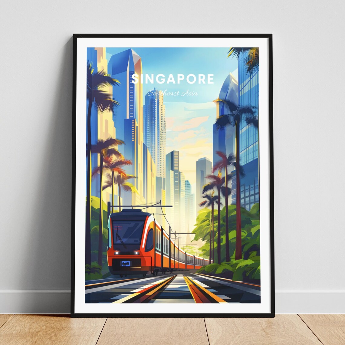 Singapore MRT Train Palm Tree Avenue Skyline Vintage Travel Poster