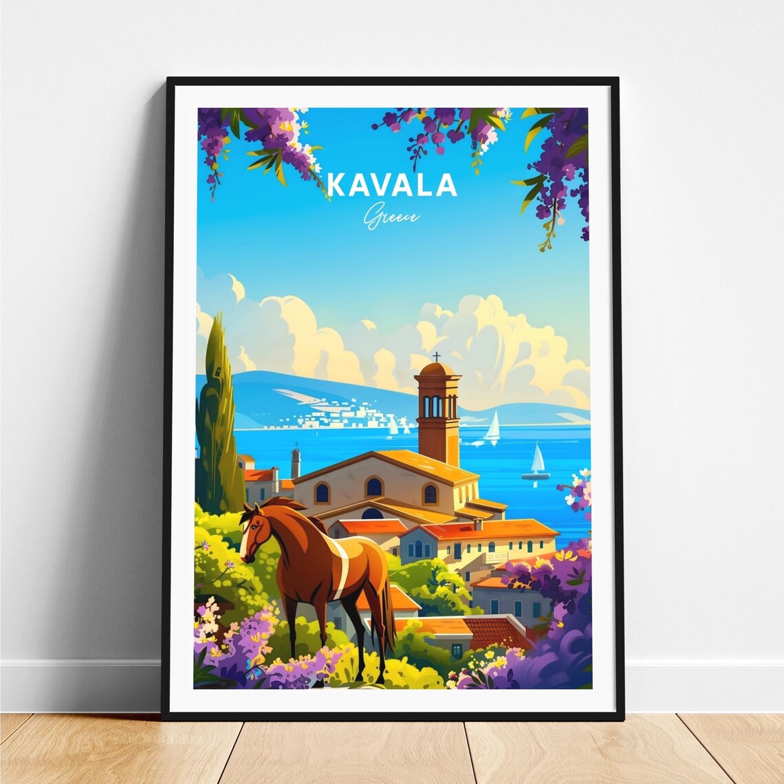 Kavala Greece Chestnut Horse by Church Overlooking the Sea Poster
