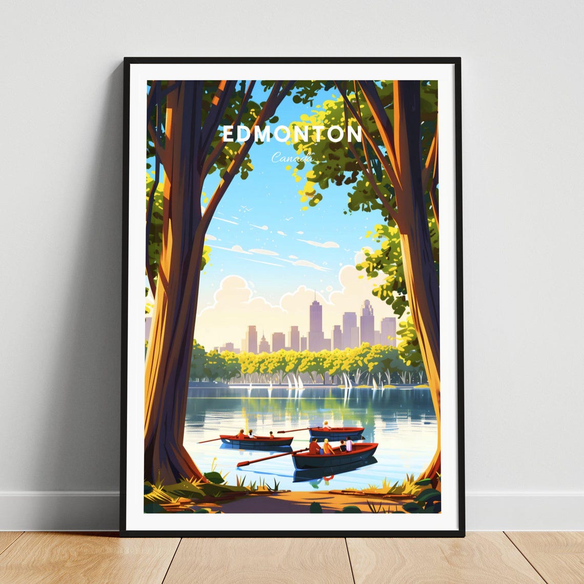 Edmonton Canada Lake Rowboats Park Trees Skyline View Travel Poster