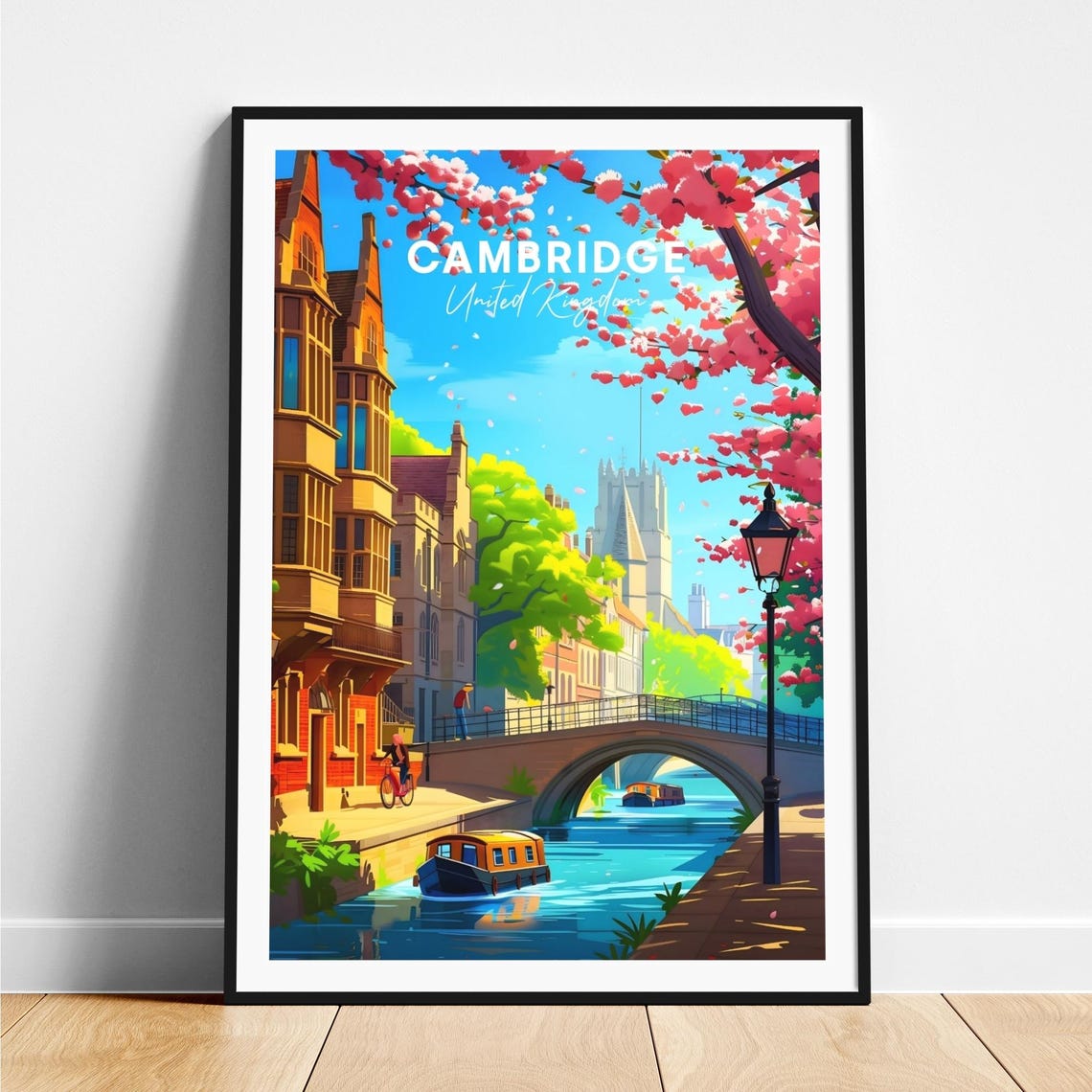 Cambridge England River Bridge Boats Blossom Spring Travel Poster