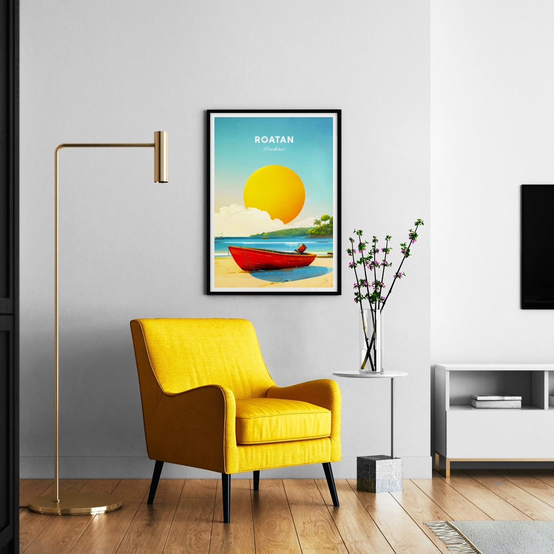 Roatan Honduras Warm Red Boat Beach Big Yellow Sun Travel Poster - Image 3