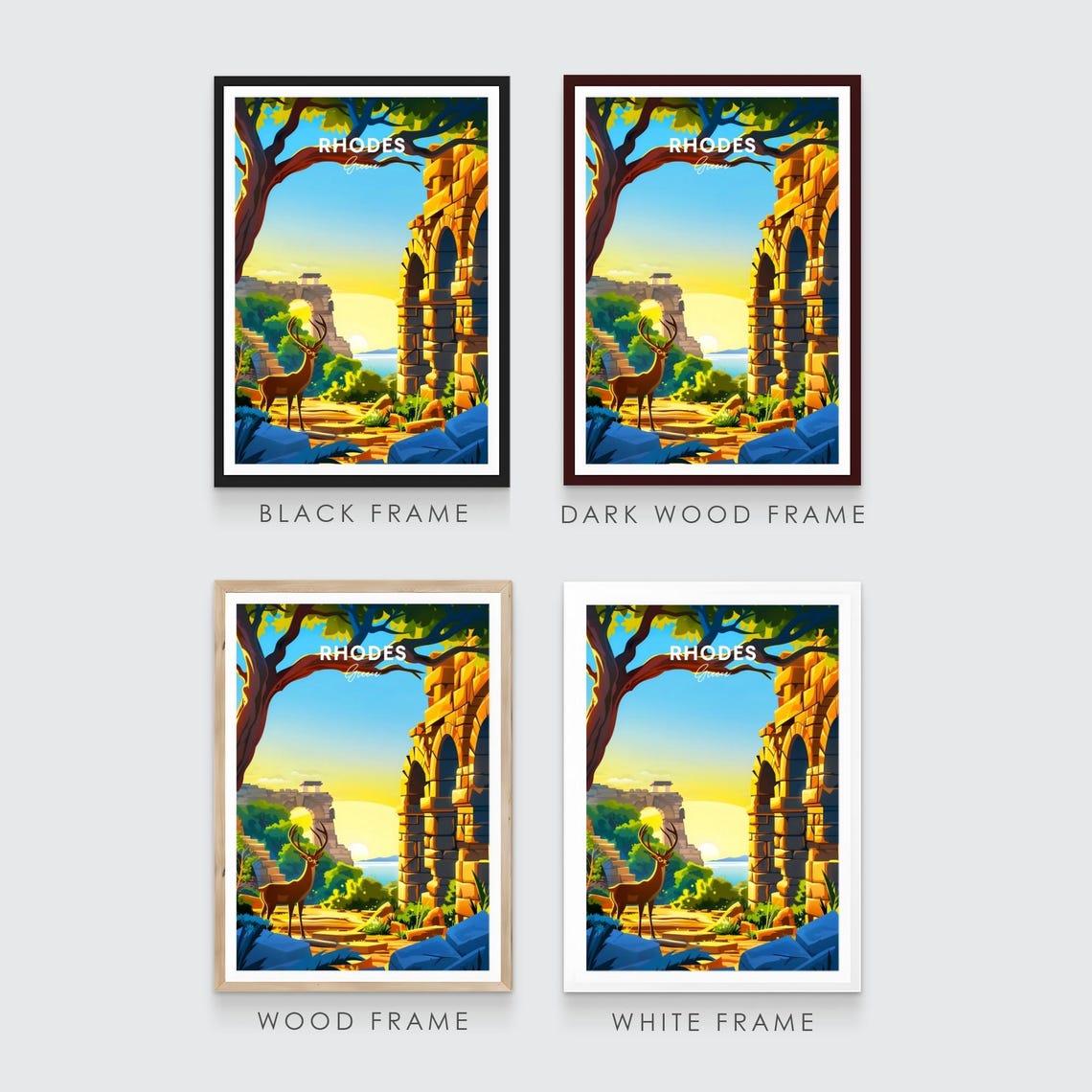 Rhodes Greece Deer Ancient Ruins Sunset Sea View Arches Travel Poster - Image 3