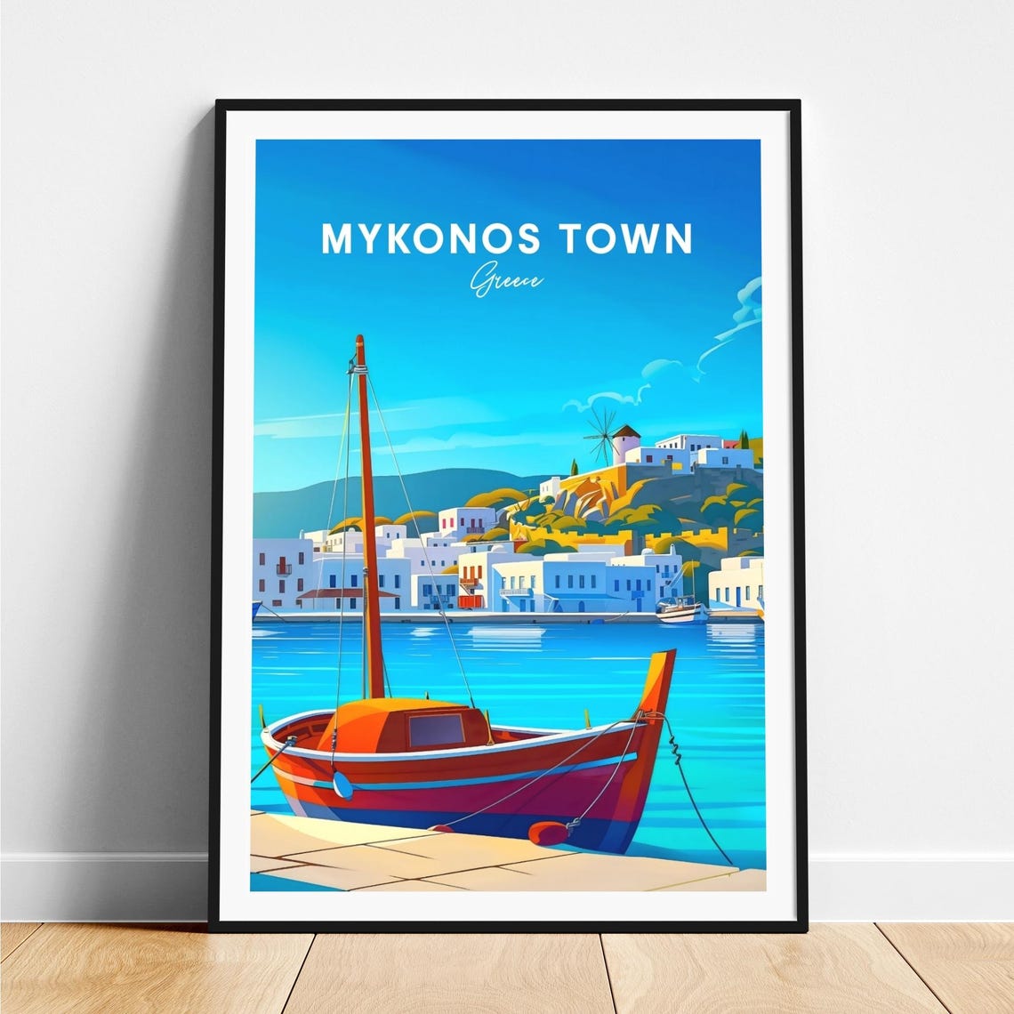 Mykonos Town Greece Red Sailboat Harbor Windmill View Travel Poster