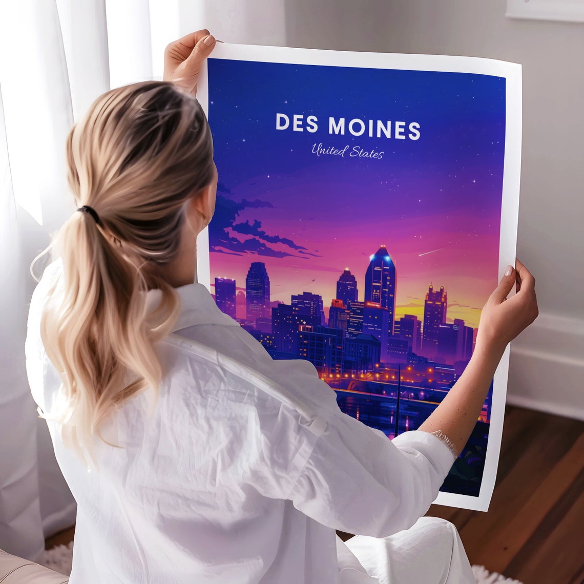 Des Moines Night Skyline Starry Purple Sky River Lights Travel Poster - Image 3