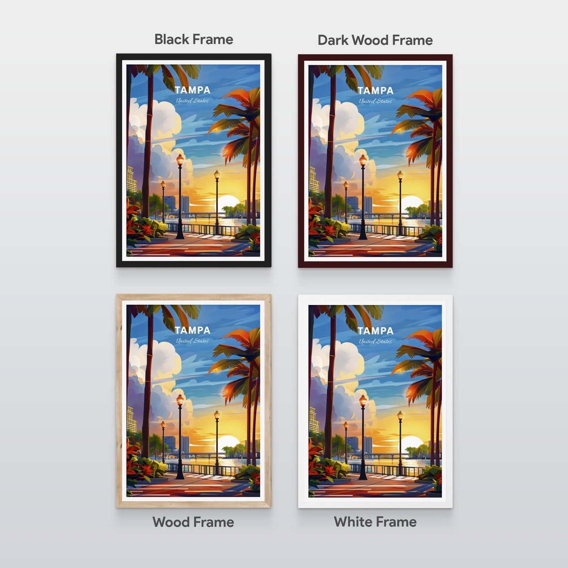 Tampa Florida Riverwalk Palm Tree Sunset Skyline Retro Poster - Image 2
