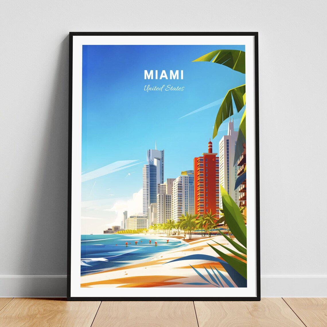 Miami Florida Beachfront Skyline Palm Trees Waves Travel Poster