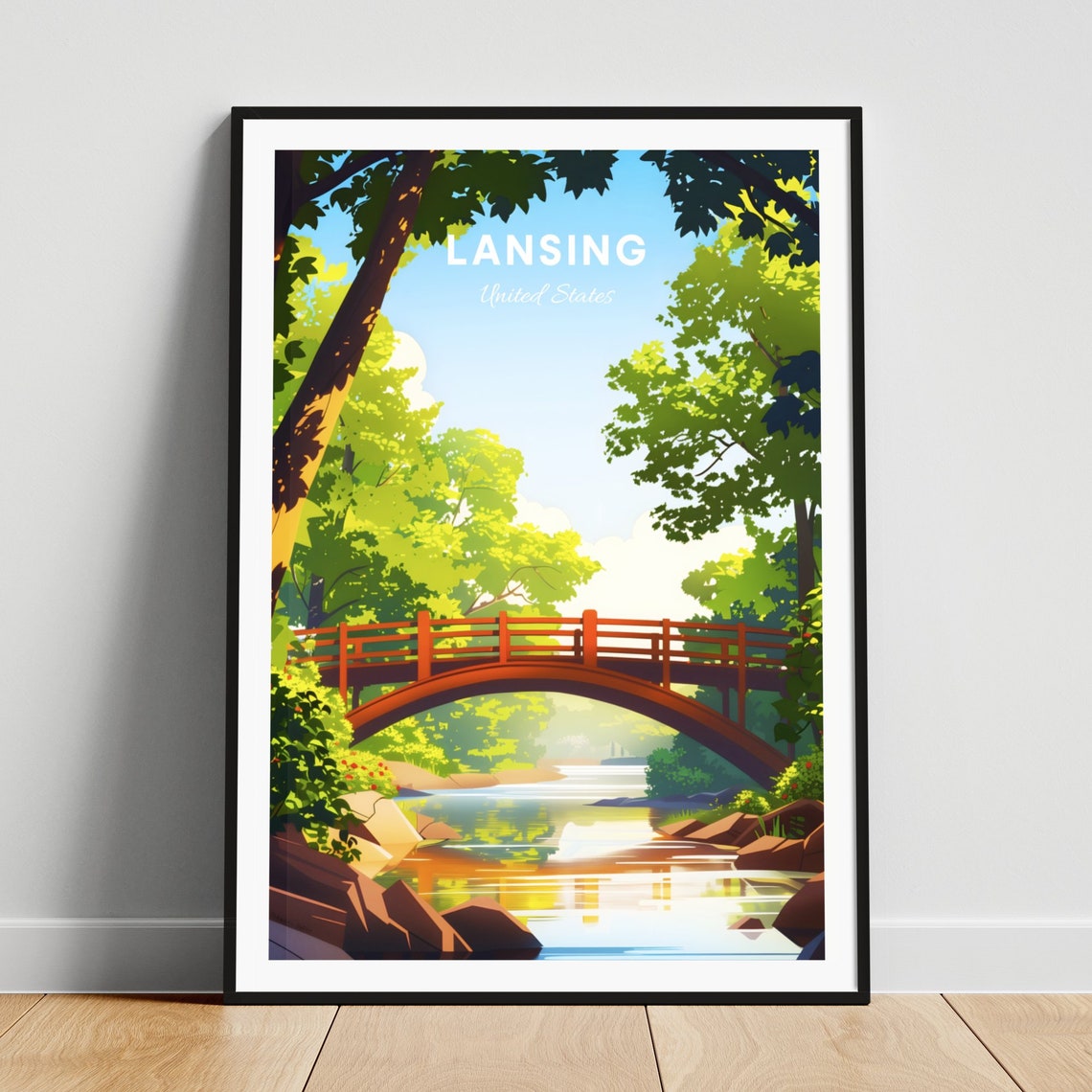 Lansing Red Bridge River Green Park Peaceful Scene Travel Poster