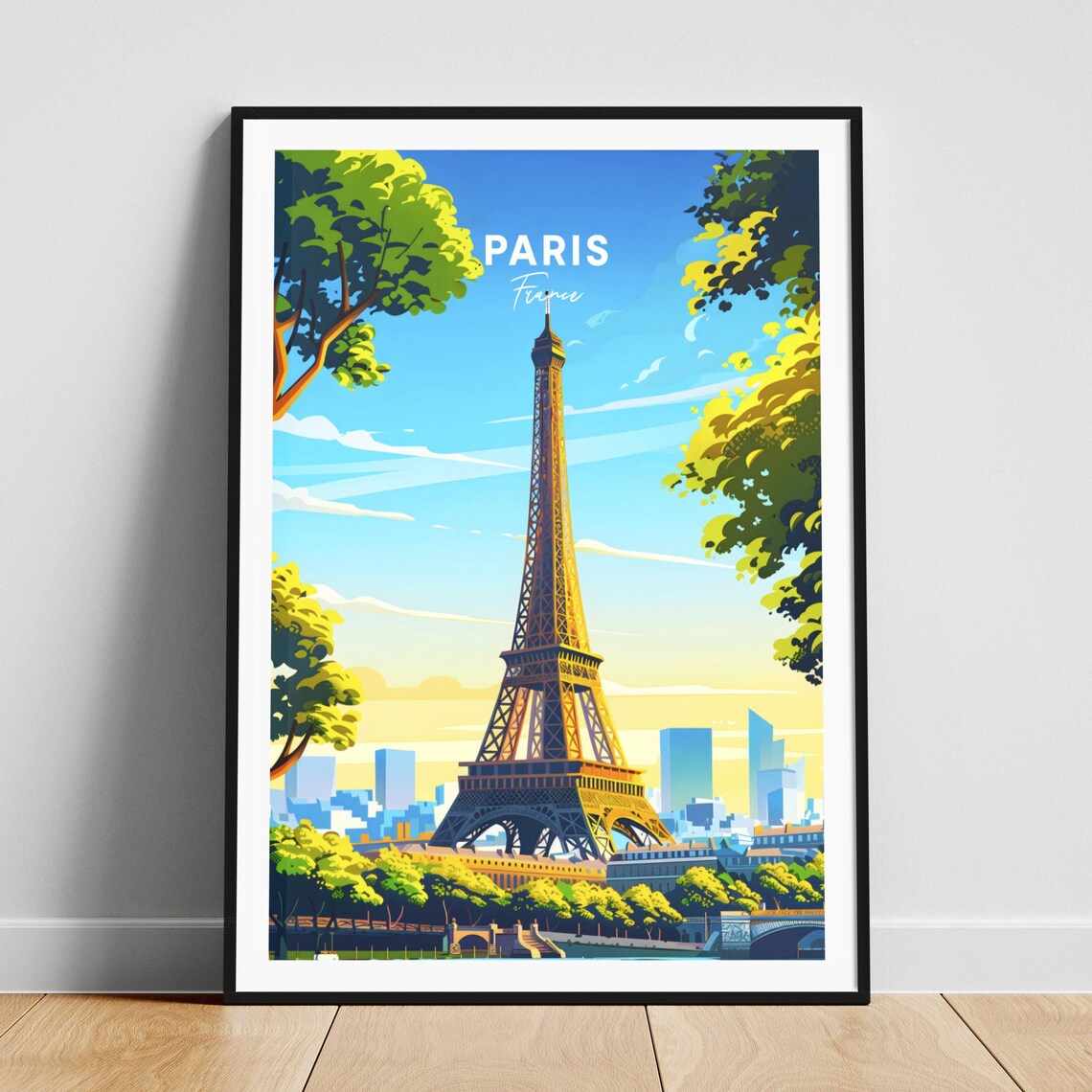 Paris France Eiffel Tower Golden Sunrise Vintage Travel Poster