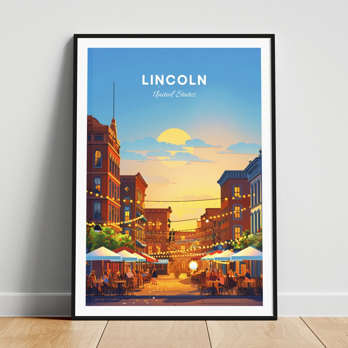 Lincoln United States Old Town Street Sunset String Lights Cafe Poster