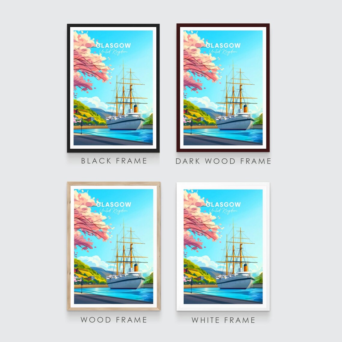 Glasgow Tall Ship Harbor Cherry Blossom Hills Spring Travel Poster - Image 3