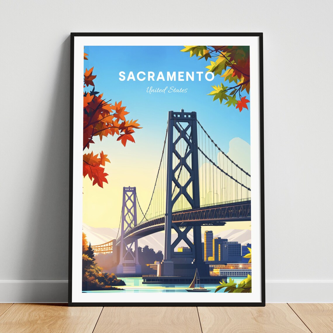 Sacramento Tower Bridge in Autumn Red Maple Leaves View Poster