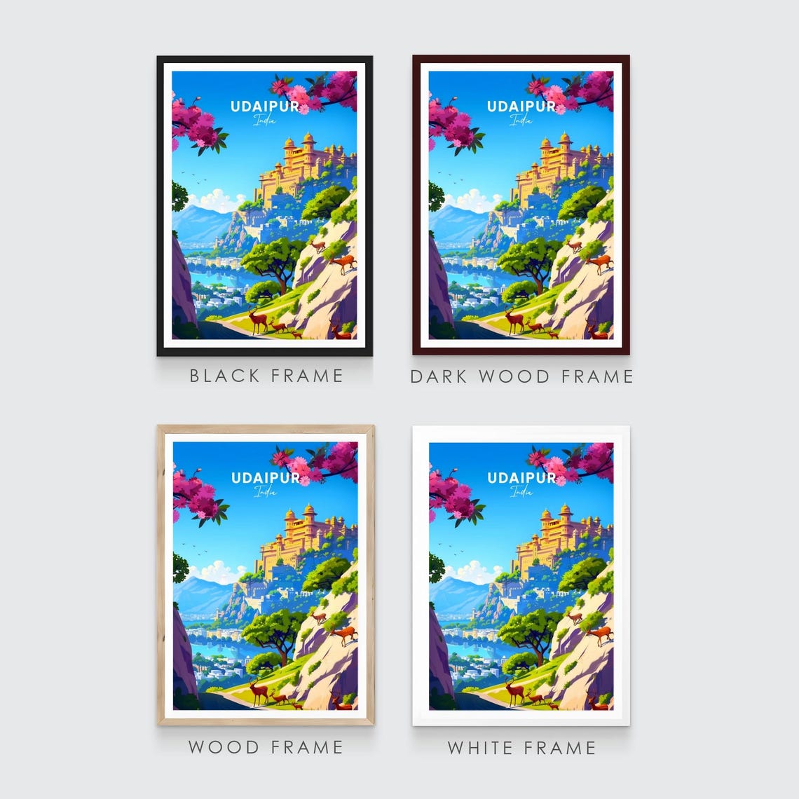 Udaipur Hilltop Palace Lake Deer Blossoms India Travel Poster - Image 3