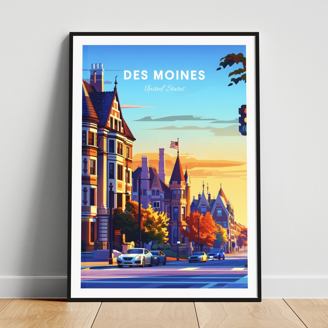 Des Moines Historic Victorian Houses Evening Street Travel Poster
