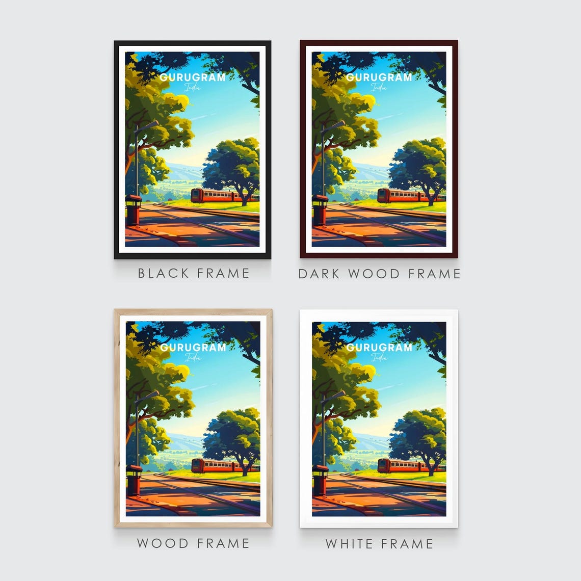 Gurugram India Little Red Train Station Green Hills Travel Poster - Image 3