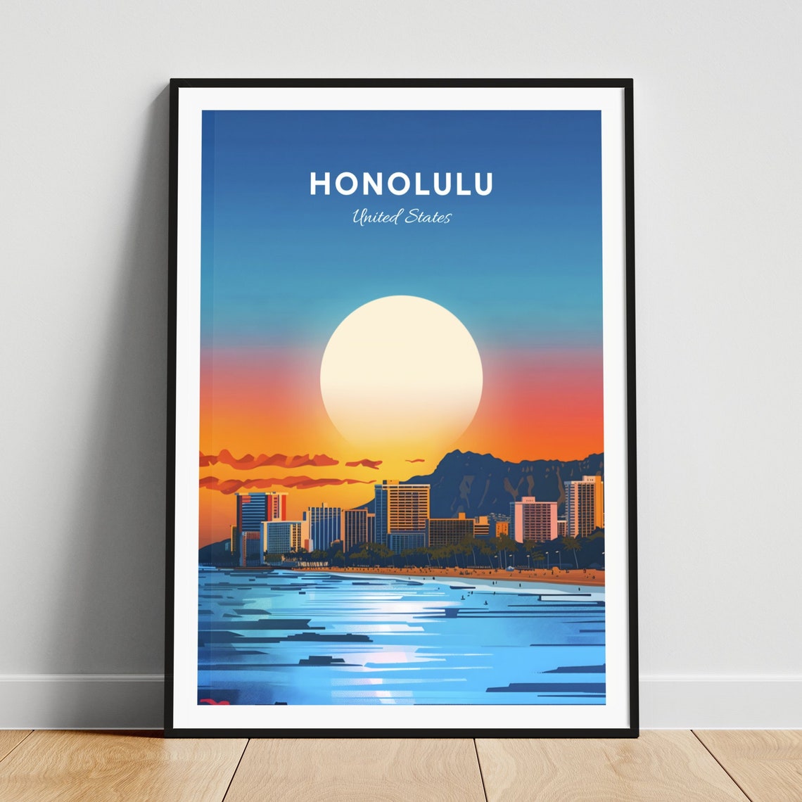 Honolulu Hawaii Waikiki Beach and Diamond Head at Sunset Poster
