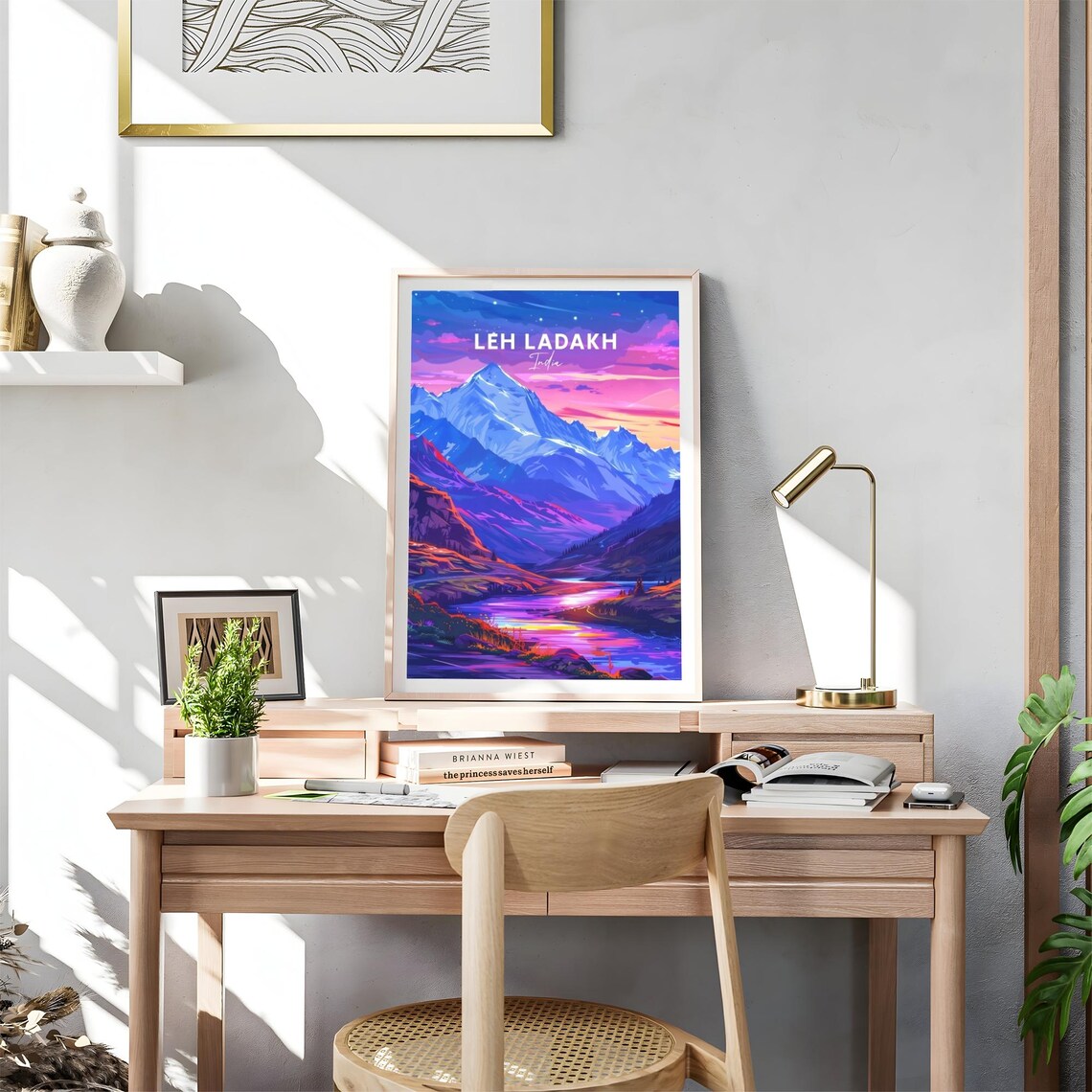 Leh Ladakh India Purple Sunset Peaks River Travel Poster Art - Image 4
