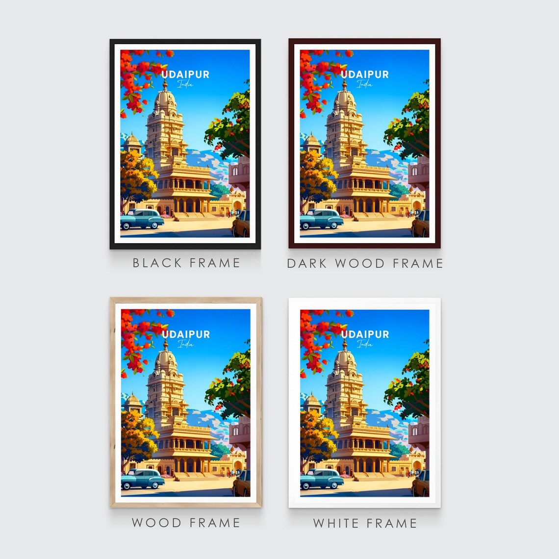 Udaipur Temple Tower Vintage Cars Blossoms India Travel Poster - Image 3