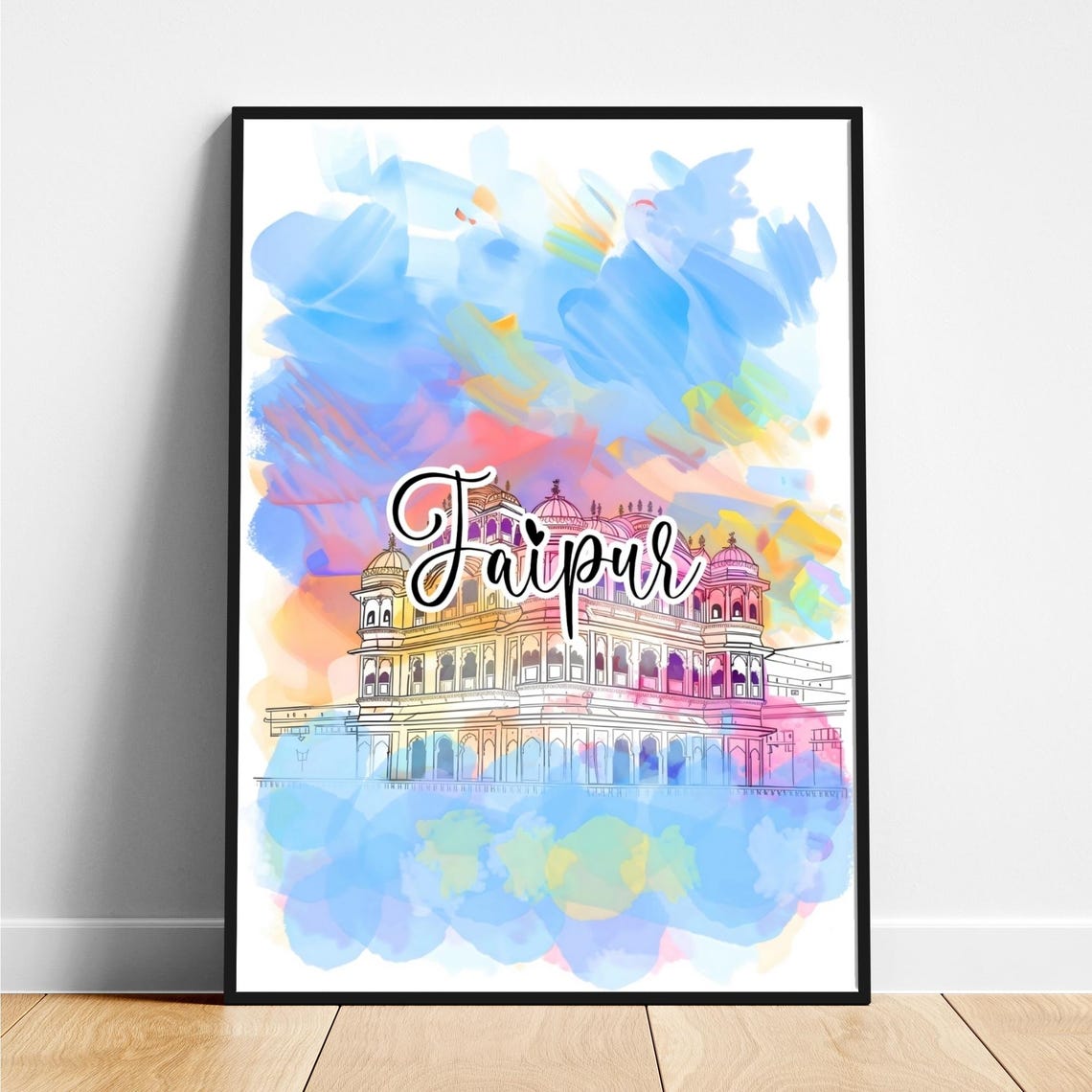 Jaipur Lakeside Palace Watercolor Script Lettering Travel Poster