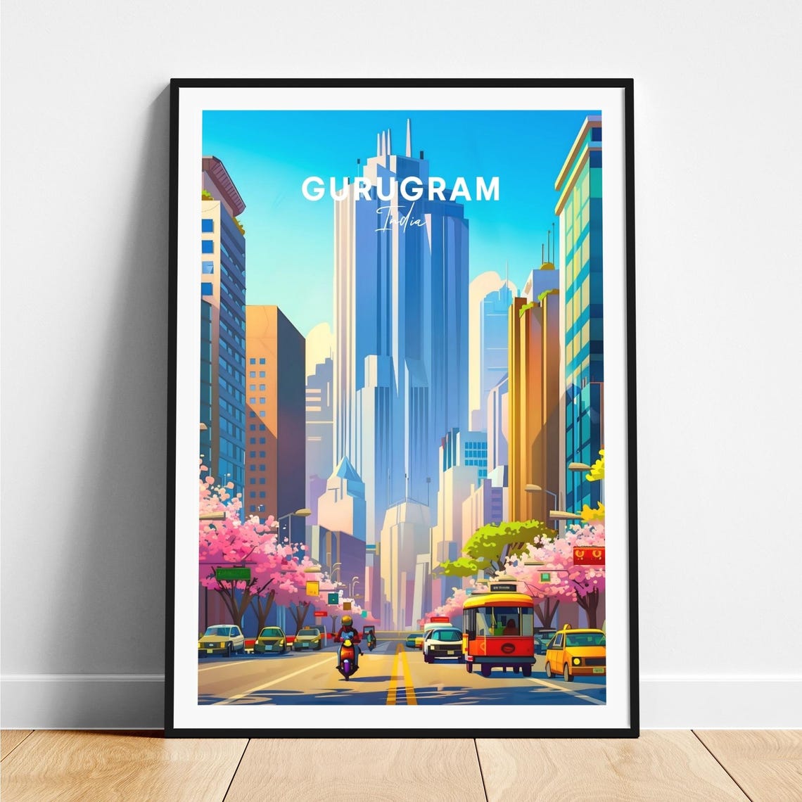 Gurugram India Modern Skyline Pink Blossom Avenue Travel Poster