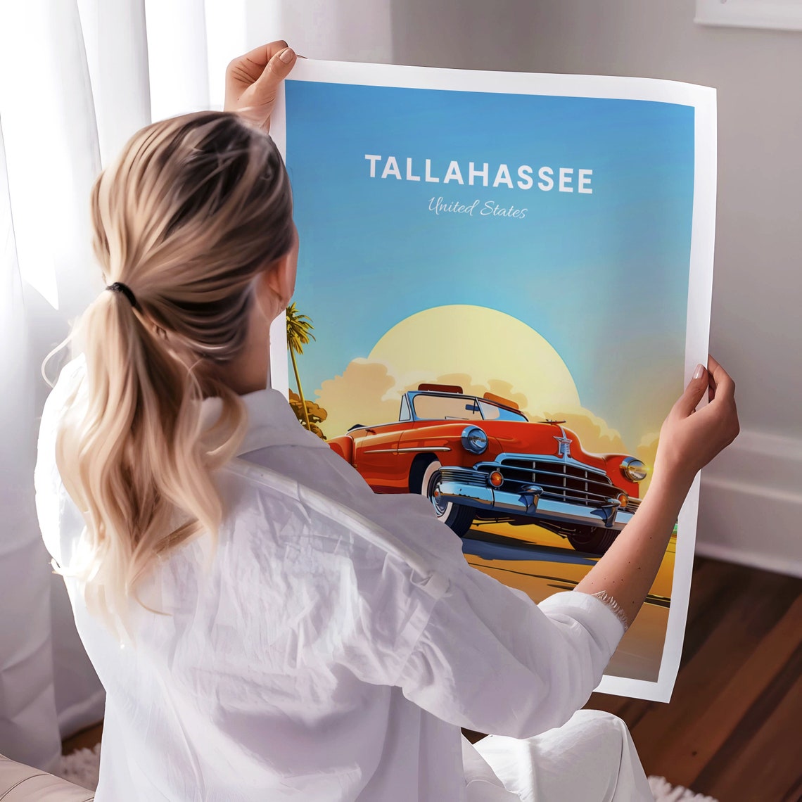 Tallahassee Florida Red Classic Convertible Sunset Travel Poster - Image 3