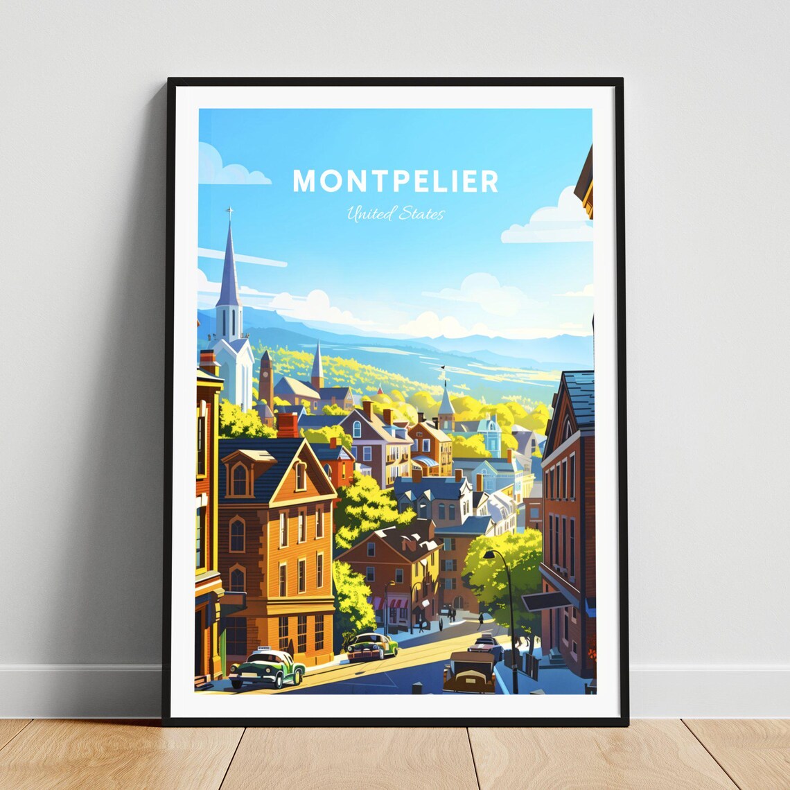 Montpelier Vermont Small Town Street Spire Mountains Travel Poster