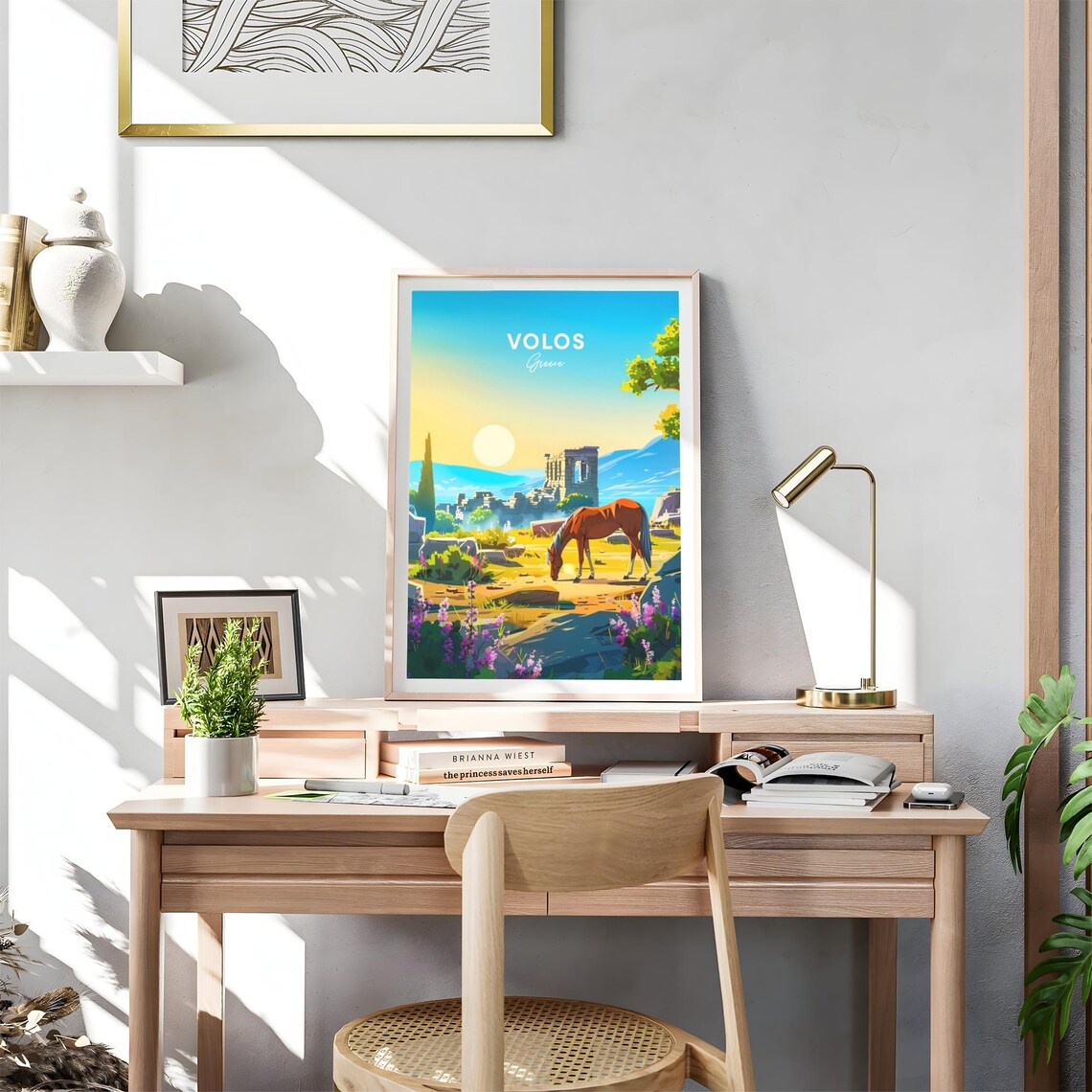 Volos Greece Ancient Ruins Horse Travel Poster at Sunset Scene - Image 4