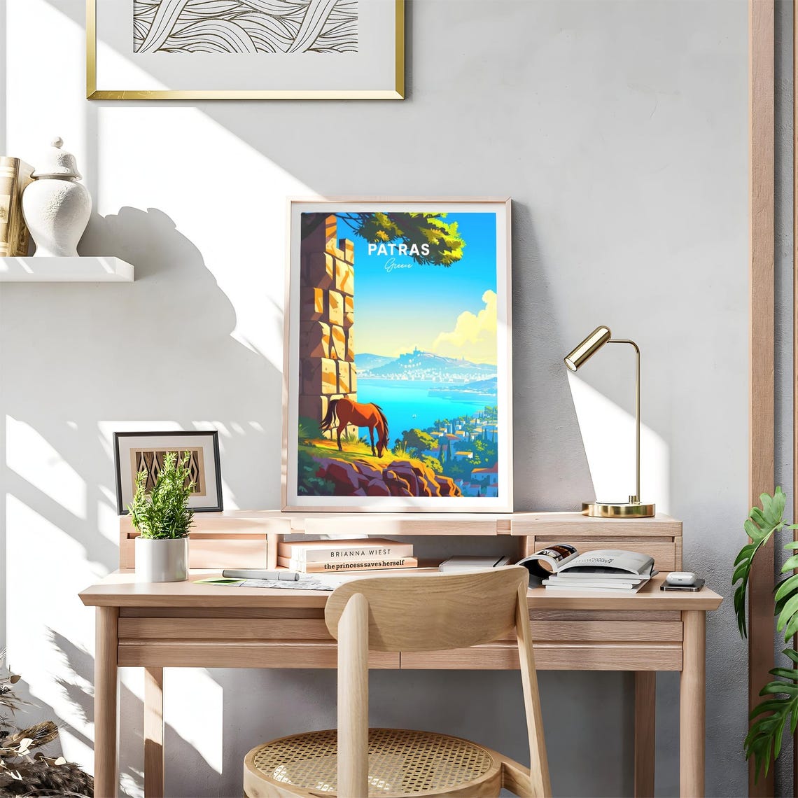 Patras Greece Horse Grazing on Cliff Overlooking the City Poster - Image 4