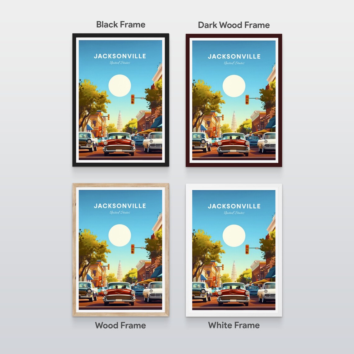 Jacksonville Florida Classic Cars Sunny Street Travel Poster - Image 2
