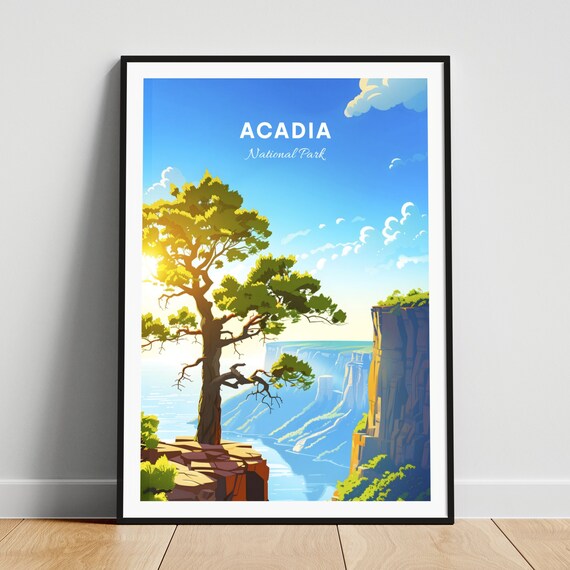 Acadia National Park Cliffside Lone Tree Sunrise Vista Travel Poster