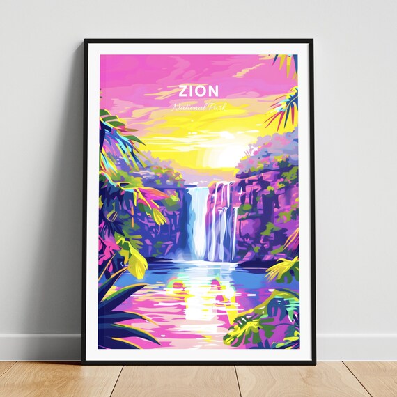 Zion National Park Waterfall Sunset Neon Glow Jungle Travel Poster