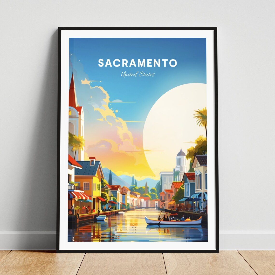 Sacramento Waterfront Canal Street With Boats at Sunset Poster