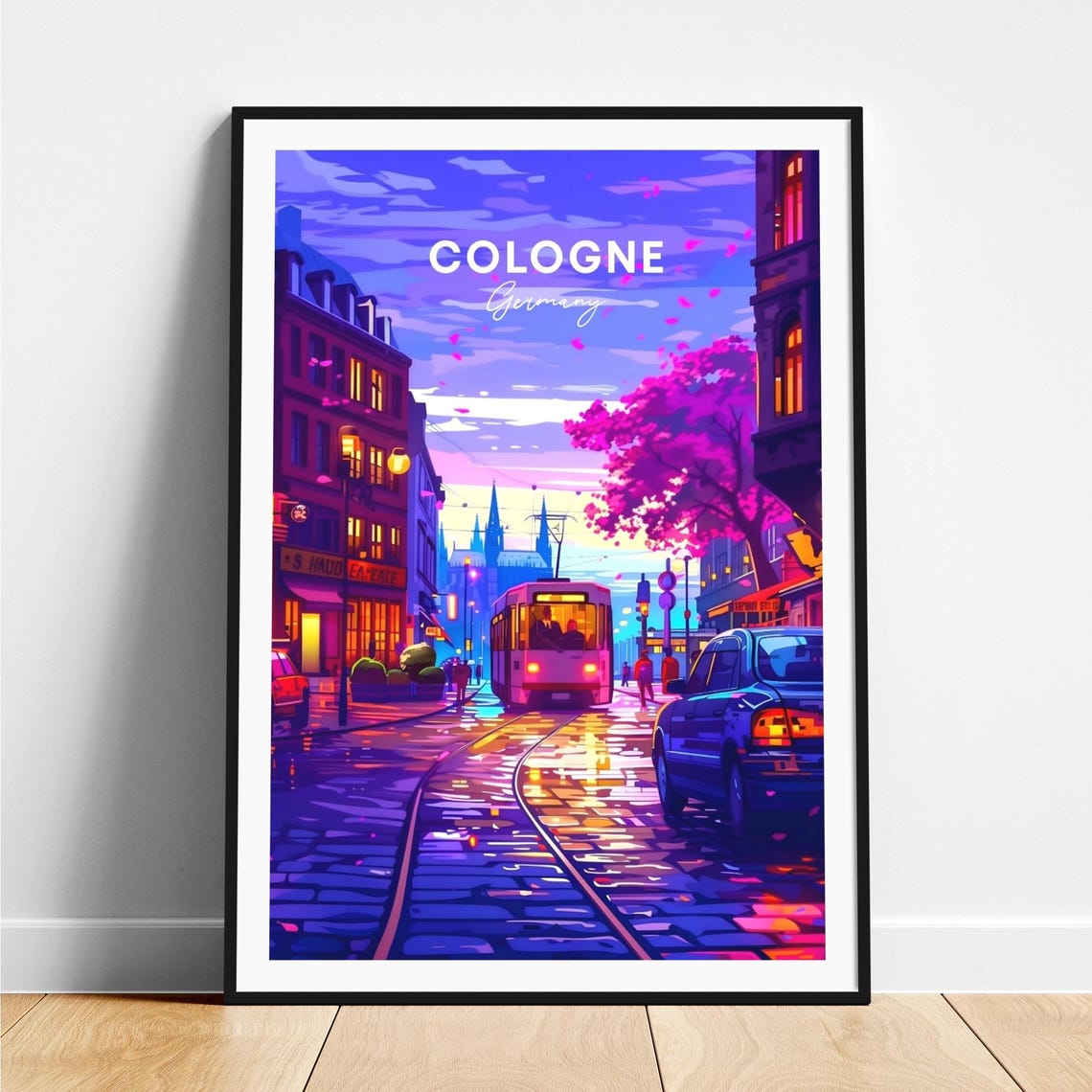 Cologne Twilight Tram Cherry Blossoms Night Germany Travel Poster