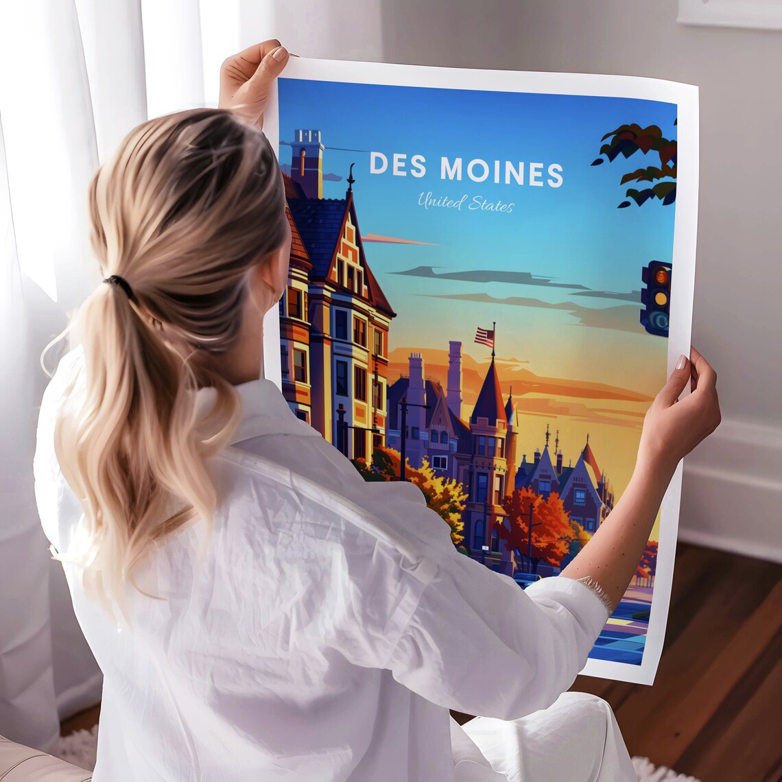Des Moines Historic Victorian Houses Evening Street Travel Poster - Image 3