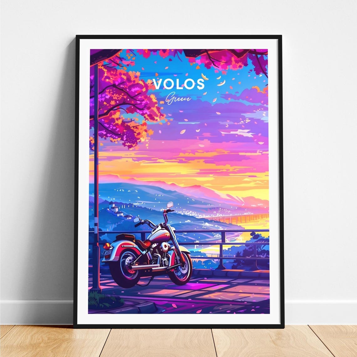 Volos Greece Motorcycle at Sunset Overlook with City Lights Poster