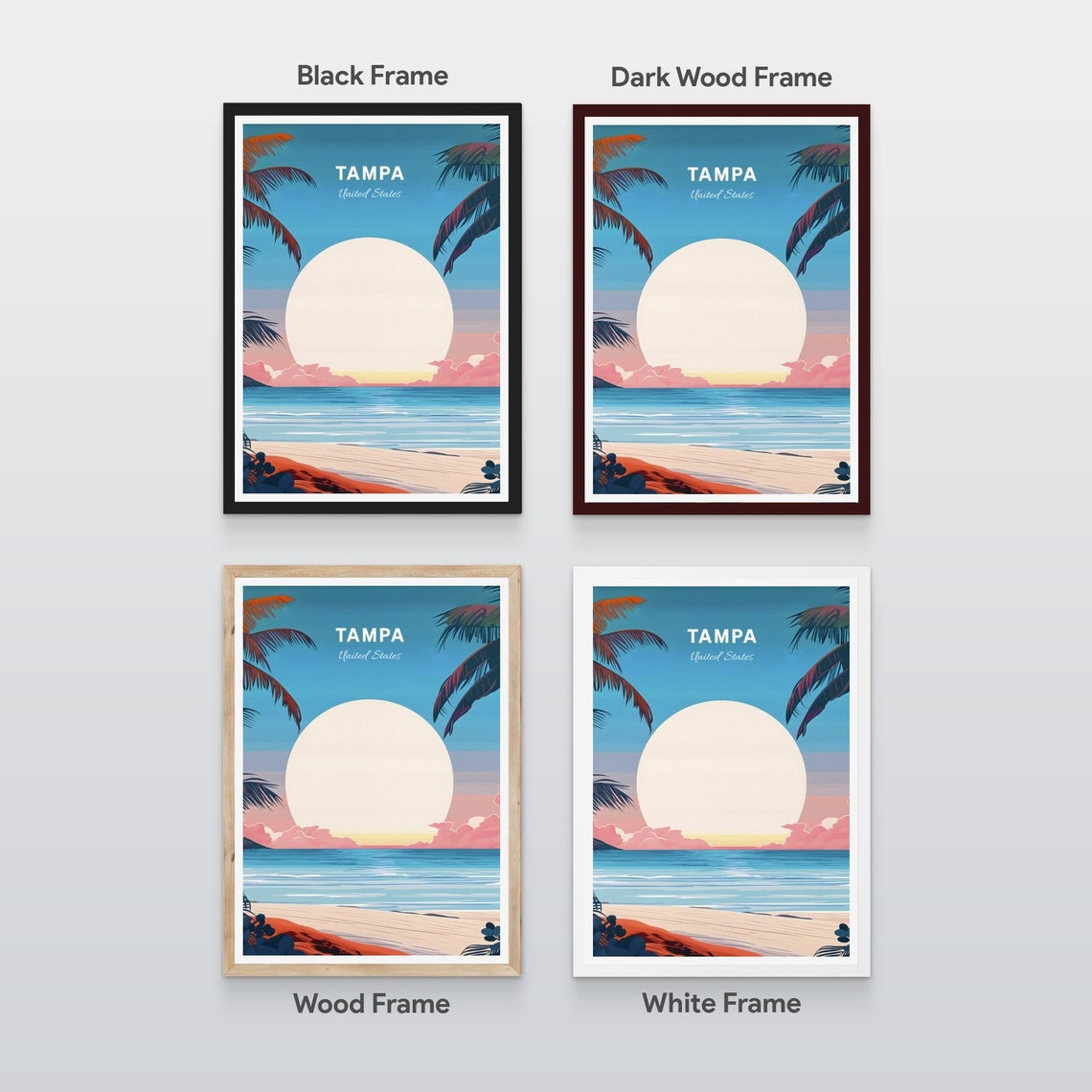 Tampa Florida Beach Palm Trees Ocean Sunset Travel Poster Gift - Image 2