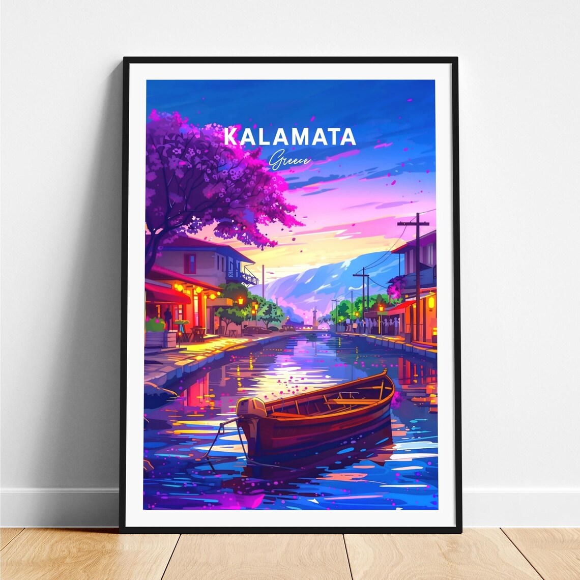 Kalamata Greece Sunset Canal Boat Blossom Tree Travel Poster