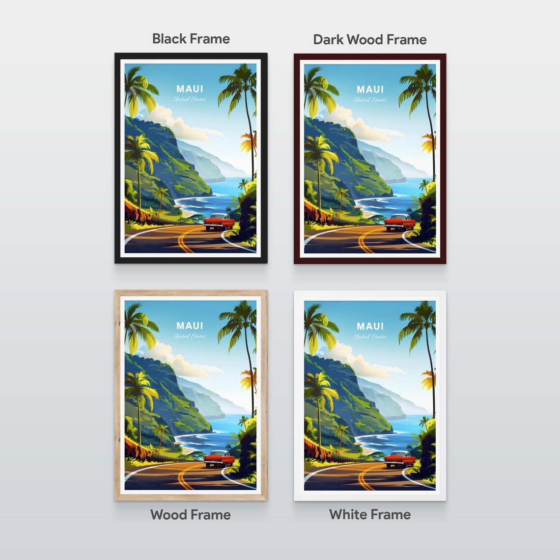 Maui Hawaii Scenic Coastal Road with Vintage Car Travel Poster - Image 2