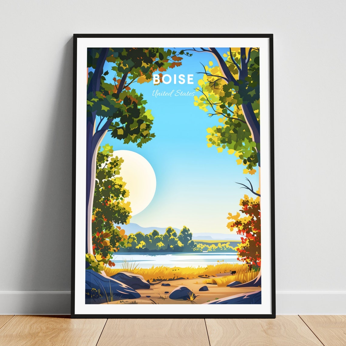 Boise Riverside Poster: Autumn Trees Framing Sunlight Over the Water