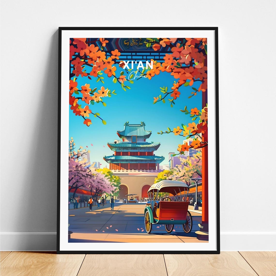 Xian China Pagoda Tower Gate Rickshaw Blossom Plaza Spring Poster