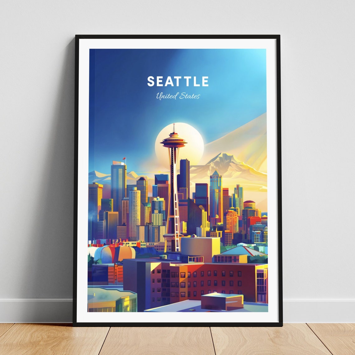Seattle Space Needle Skyline Mount Rainier Sun Vintage Travel Poster