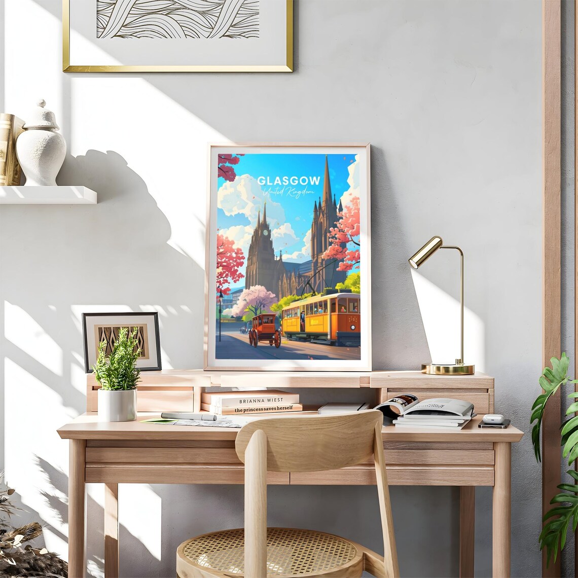 Glasgow Scotland Cathedral Trams Cherry Blossom Travel Poster - Image 4