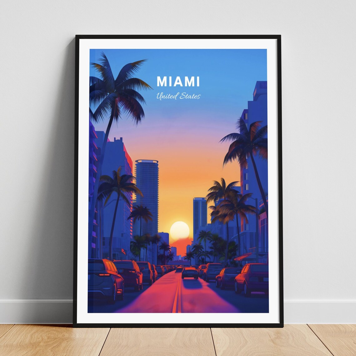 Miami Florida Palm Lined Street At Sunset City Travel Poster Art