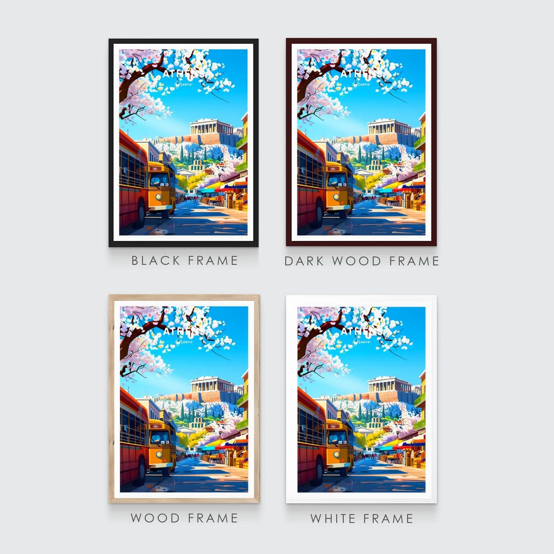 Athens Greece Acropolis Bus Street Blossom Day View Art Poster - Image 3