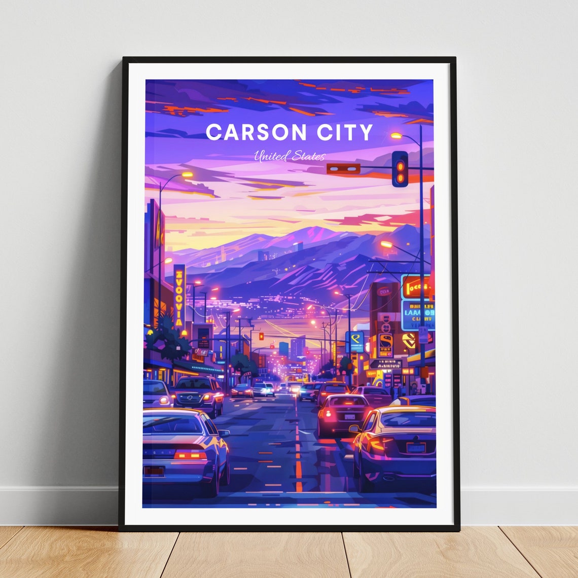 Carson City Neon Night Street Mountain Backdrop Travel Poster