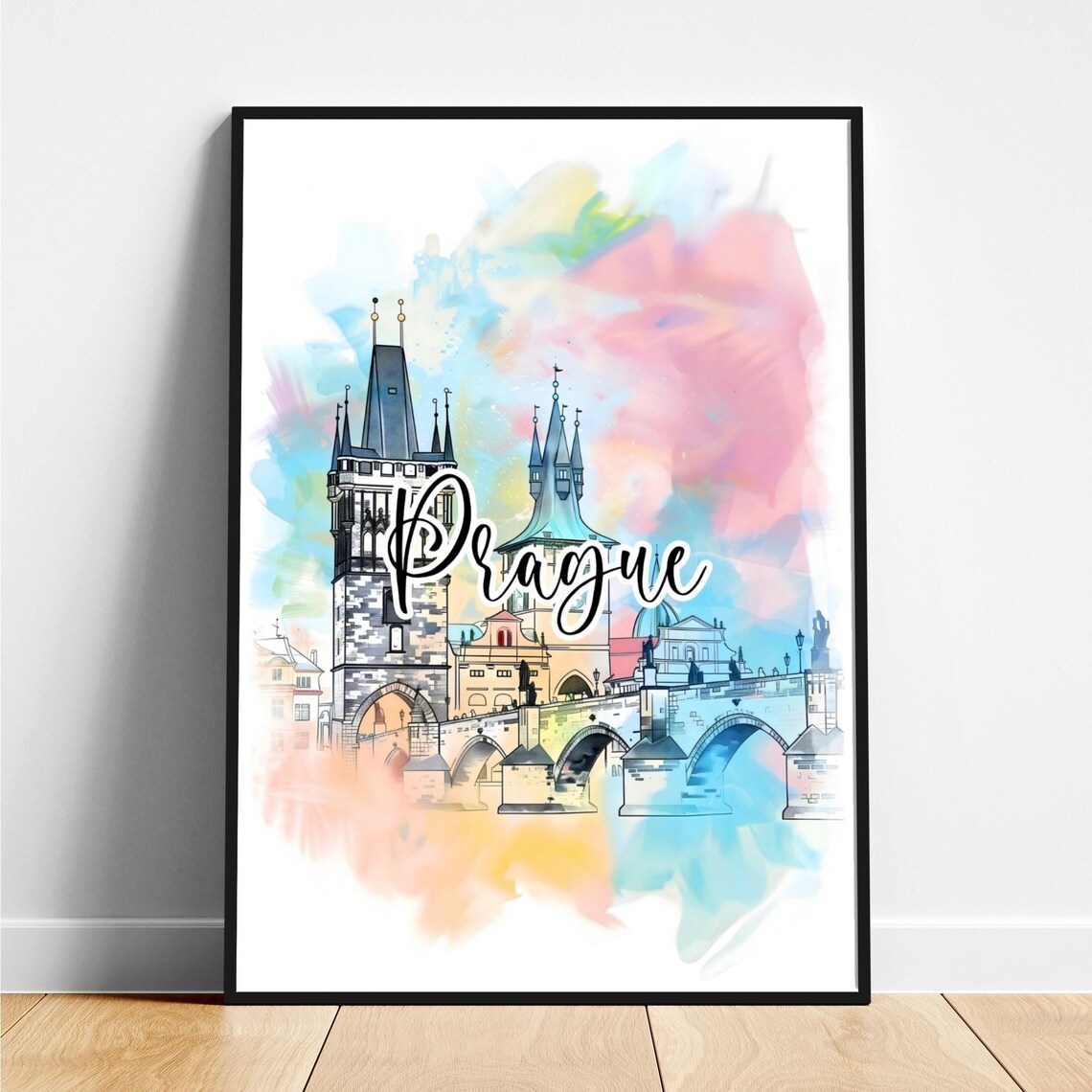 Prague Czechia Charles Bridge Watercolor Travel Skyline Poster